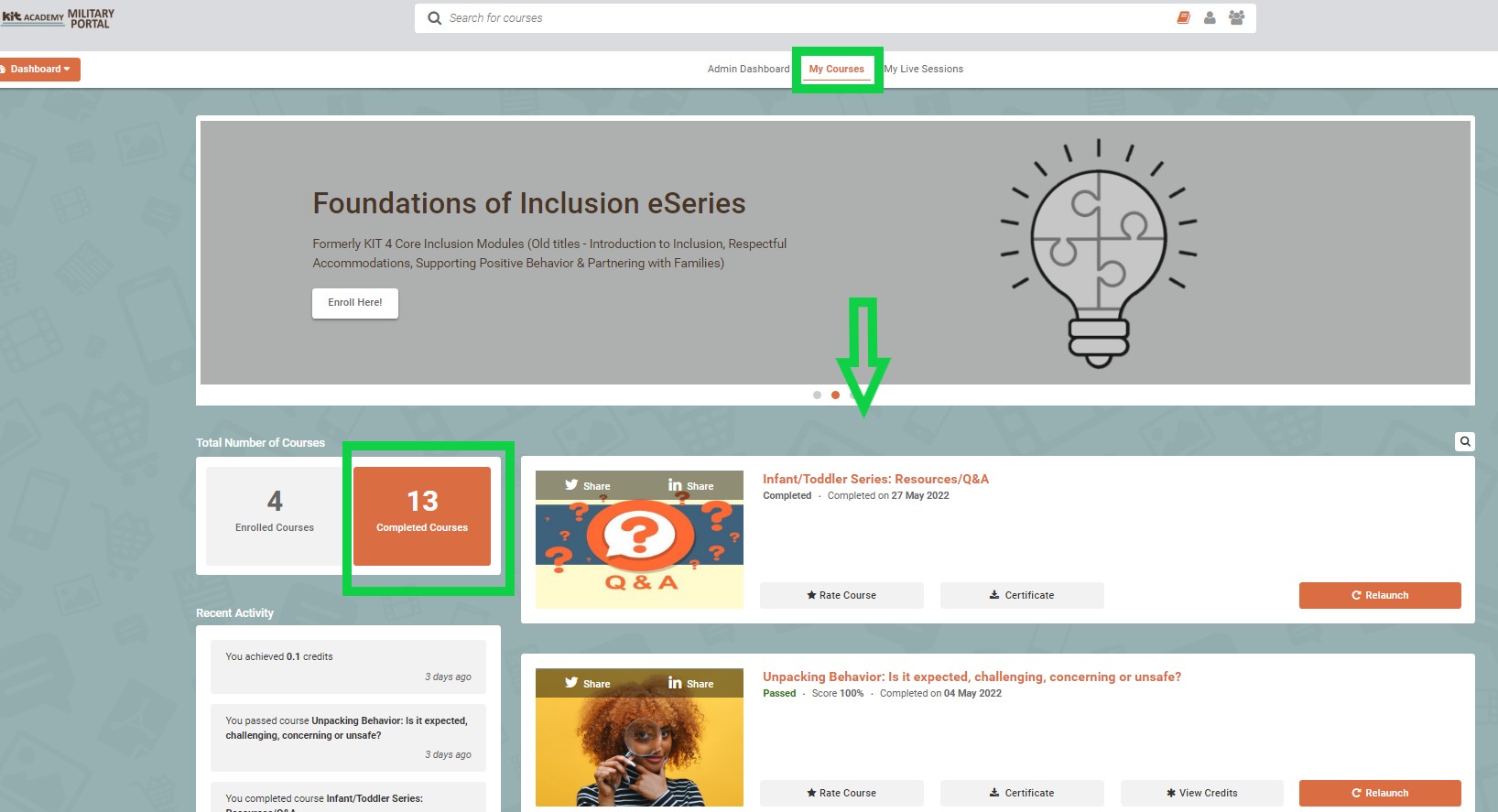 See completed courses kids included together